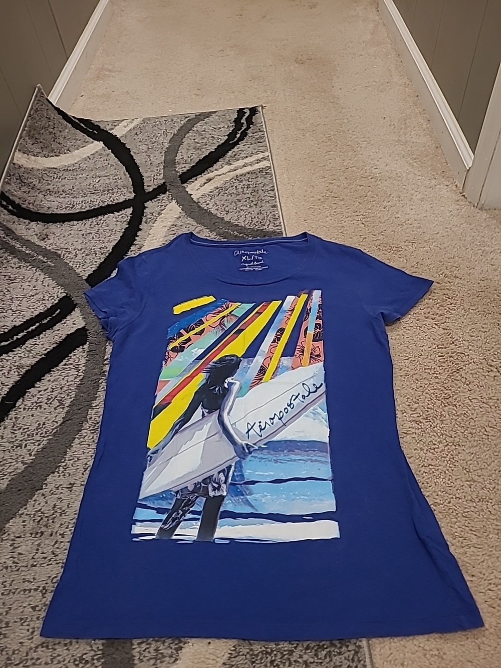 Aeropostale Womens XL Graphic Tee Blue Surfing Floral S/S 100% Cotton